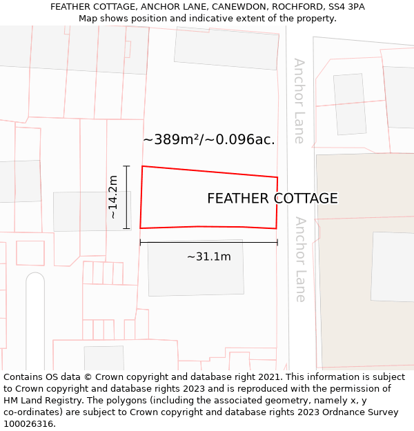 FEATHER COTTAGE, ANCHOR LANE, CANEWDON, ROCHFORD, SS4 3PA: Plot and title map