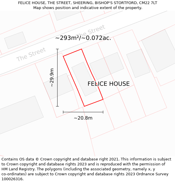 FELICE HOUSE, THE STREET, SHEERING, BISHOP'S STORTFORD, CM22 7LT: Plot and title map