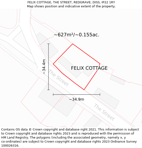 FELIX COTTAGE, THE STREET, REDGRAVE, DISS, IP22 1RY: Plot and title map