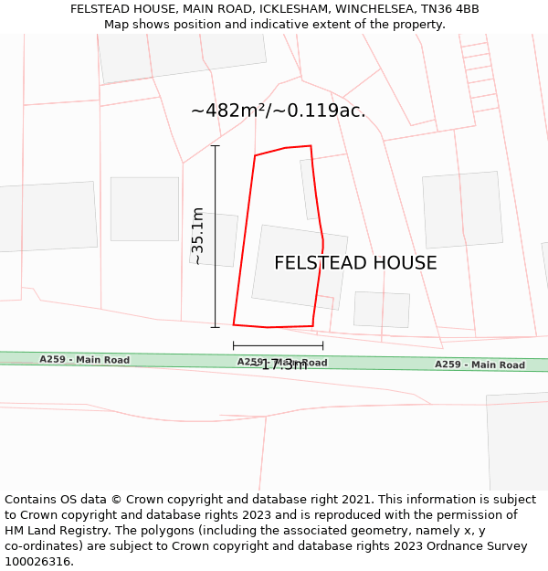 FELSTEAD HOUSE, MAIN ROAD, ICKLESHAM, WINCHELSEA, TN36 4BB: Plot and title map