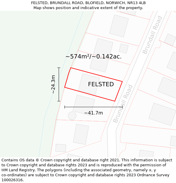 FELSTED, BRUNDALL ROAD, BLOFIELD, NORWICH, NR13 4LB: Plot and title map