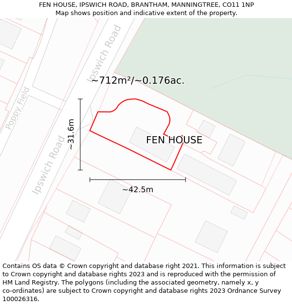 FEN HOUSE, IPSWICH ROAD, BRANTHAM, MANNINGTREE, CO11 1NP: Plot and title map