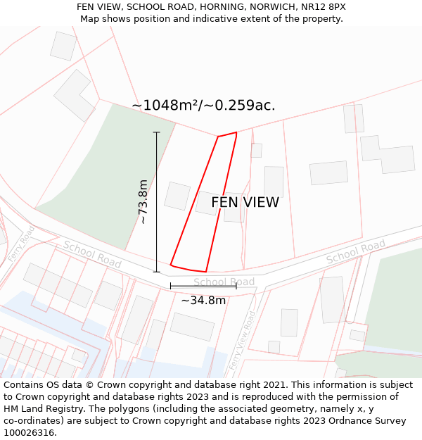 FEN VIEW, SCHOOL ROAD, HORNING, NORWICH, NR12 8PX: Plot and title map