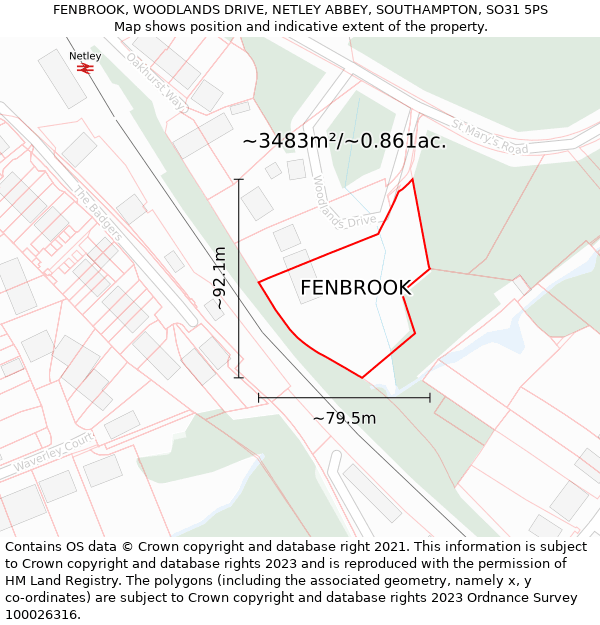 FENBROOK, WOODLANDS DRIVE, NETLEY ABBEY, SOUTHAMPTON, SO31 5PS: Plot and title map