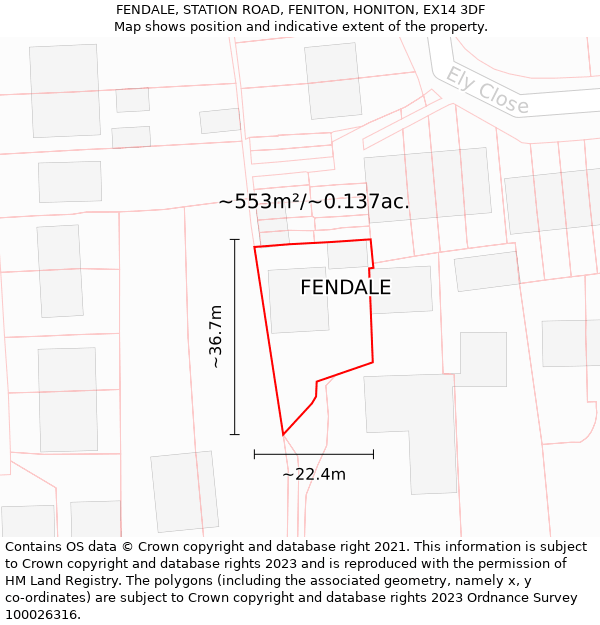 FENDALE, STATION ROAD, FENITON, HONITON, EX14 3DF: Plot and title map