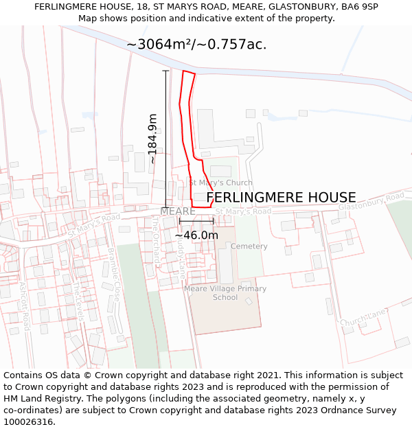 FERLINGMERE HOUSE, 18, ST MARYS ROAD, MEARE, GLASTONBURY, BA6 9SP: Plot and title map