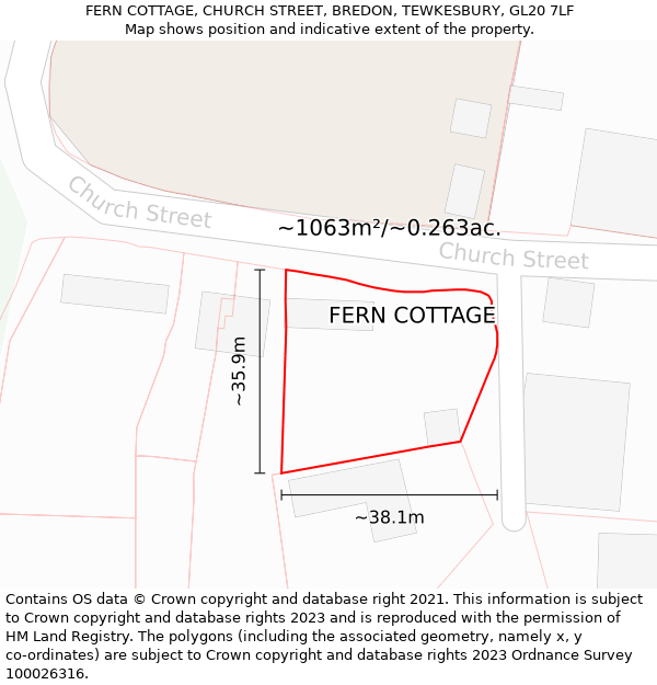 FERN COTTAGE, CHURCH STREET, BREDON, TEWKESBURY, GL20 7LF: Plot and title map