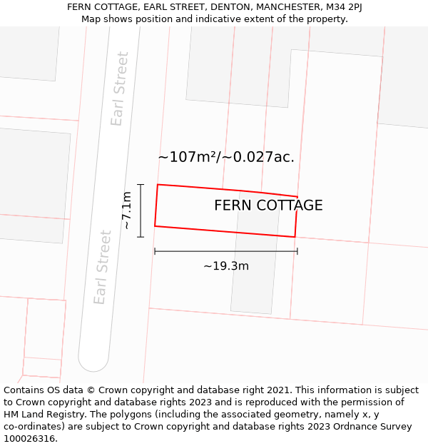 FERN COTTAGE, EARL STREET, DENTON, MANCHESTER, M34 2PJ: Plot and title map