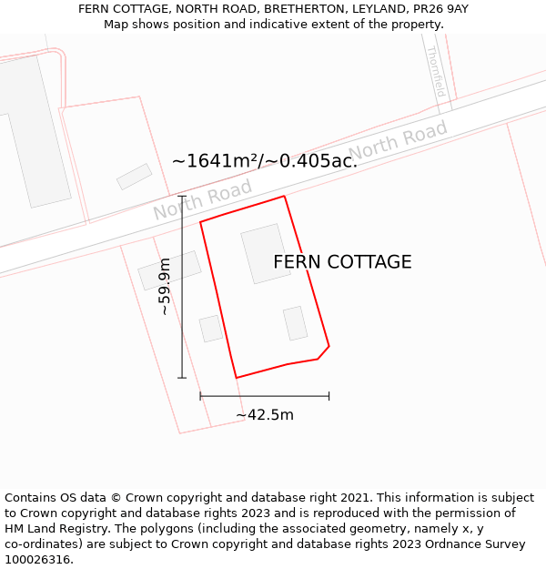 FERN COTTAGE, NORTH ROAD, BRETHERTON, LEYLAND, PR26 9AY: Plot and title map