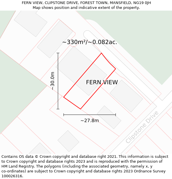 FERN VIEW, CLIPSTONE DRIVE, FOREST TOWN, MANSFIELD, NG19 0JH: Plot and title map