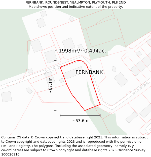 FERNBANK, ROUNDSNEST, YEALMPTON, PLYMOUTH, PL8 2ND: Plot and title map