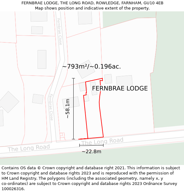 FERNBRAE LODGE, THE LONG ROAD, ROWLEDGE, FARNHAM, GU10 4EB: Plot and title map