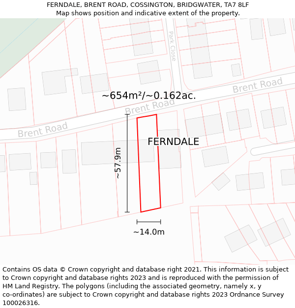 FERNDALE, BRENT ROAD, COSSINGTON, BRIDGWATER, TA7 8LF: Plot and title map