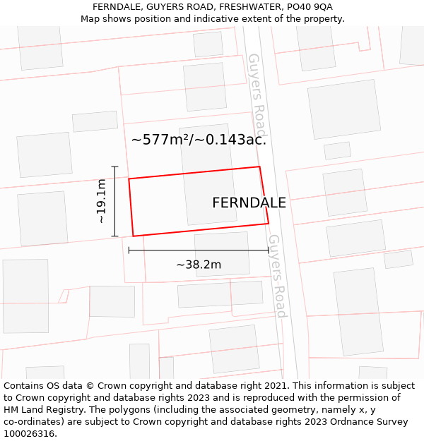 FERNDALE, GUYERS ROAD, FRESHWATER, PO40 9QA: Plot and title map