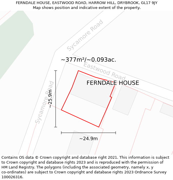 FERNDALE HOUSE, EASTWOOD ROAD, HARROW HILL, DRYBROOK, GL17 9JY: Plot and title map