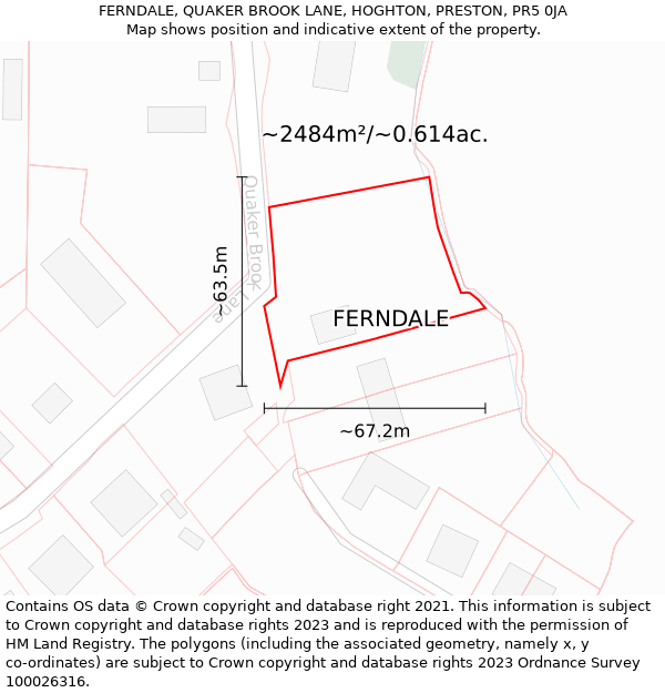 FERNDALE, QUAKER BROOK LANE, HOGHTON, PRESTON, PR5 0JA: Plot and title map