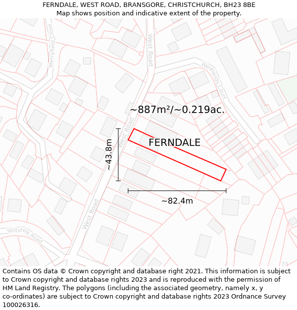 FERNDALE, WEST ROAD, BRANSGORE, CHRISTCHURCH, BH23 8BE: Plot and title map