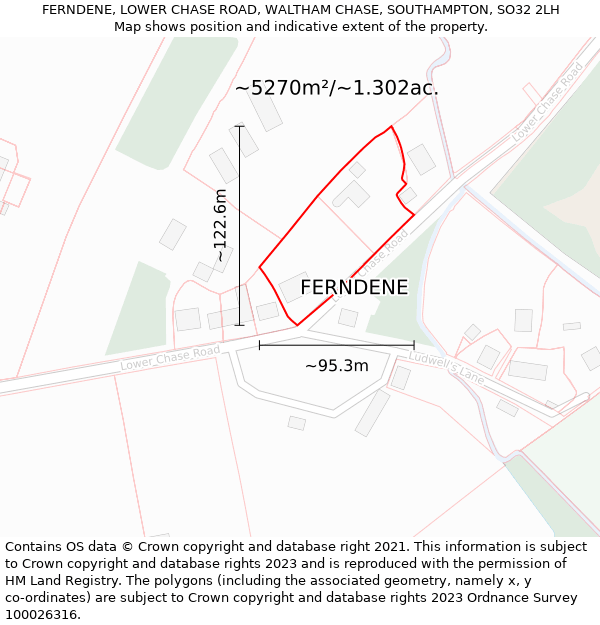 FERNDENE, LOWER CHASE ROAD, WALTHAM CHASE, SOUTHAMPTON, SO32 2LH: Plot and title map