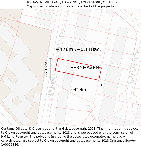 FERNHAVEN, MILL LANE, HAWKINGE, FOLKESTONE, CT18 7BY: Plot and title map