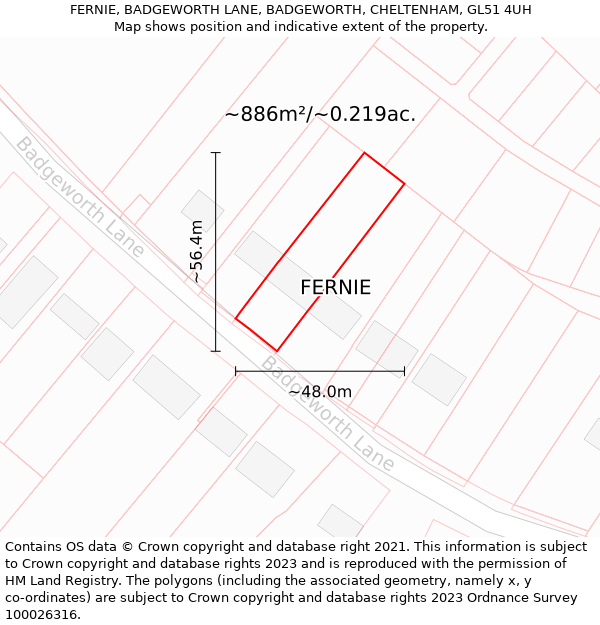 FERNIE, BADGEWORTH LANE, BADGEWORTH, CHELTENHAM, GL51 4UH: Plot and title map