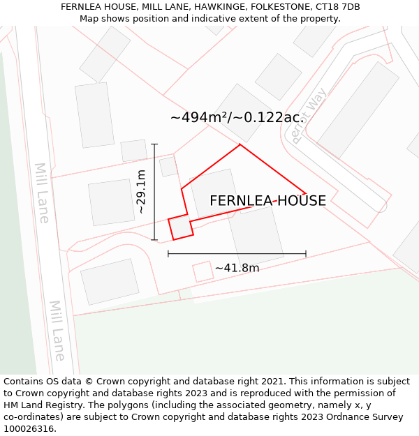 FERNLEA HOUSE, MILL LANE, HAWKINGE, FOLKESTONE, CT18 7DB: Plot and title map