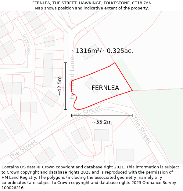 FERNLEA, THE STREET, HAWKINGE, FOLKESTONE, CT18 7AN: Plot and title map