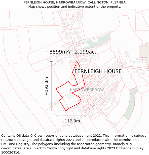 FERNLEIGH HOUSE, HARROWBARROW, CALLINGTON, PL17 8BA: Plot and title map