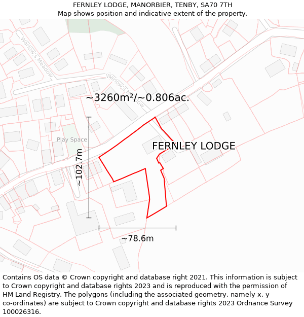 FERNLEY LODGE, MANORBIER, TENBY, SA70 7TH: Plot and title map