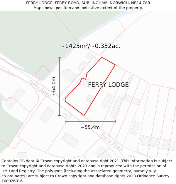 FERRY LODGE, FERRY ROAD, SURLINGHAM, NORWICH, NR14 7AR: Plot and title map