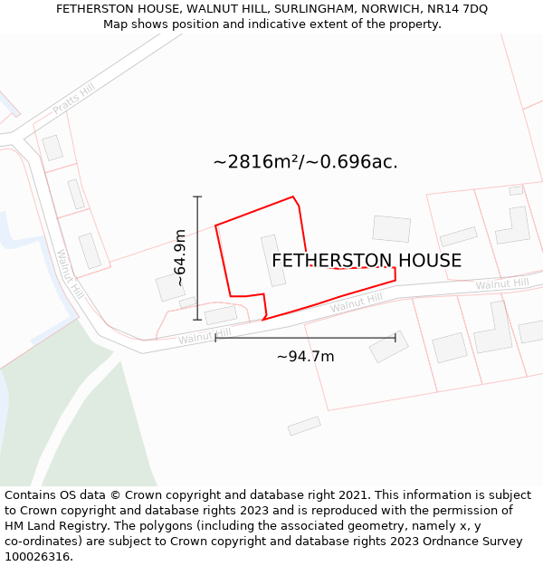 FETHERSTON HOUSE, WALNUT HILL, SURLINGHAM, NORWICH, NR14 7DQ: Plot and title map