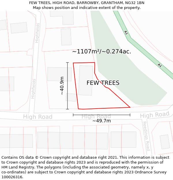 FEW TREES, HIGH ROAD, BARROWBY, GRANTHAM, NG32 1BN: Plot and title map