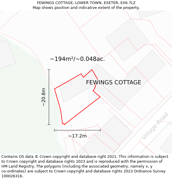 FEWINGS COTTAGE, LOWER TOWN, EXETER, EX6 7LZ: Plot and title map