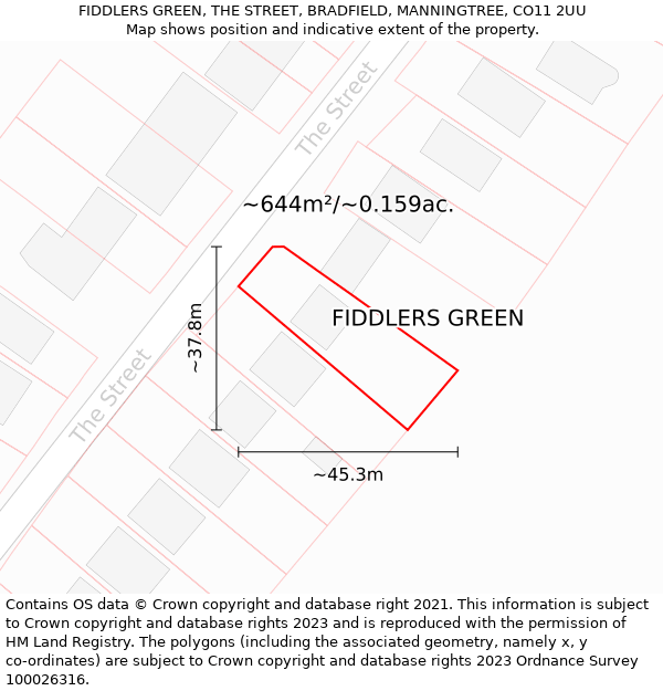 FIDDLERS GREEN, THE STREET, BRADFIELD, MANNINGTREE, CO11 2UU: Plot and title map