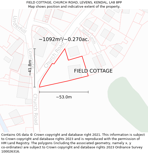 FIELD COTTAGE, CHURCH ROAD, LEVENS, KENDAL, LA8 8PP: Plot and title map