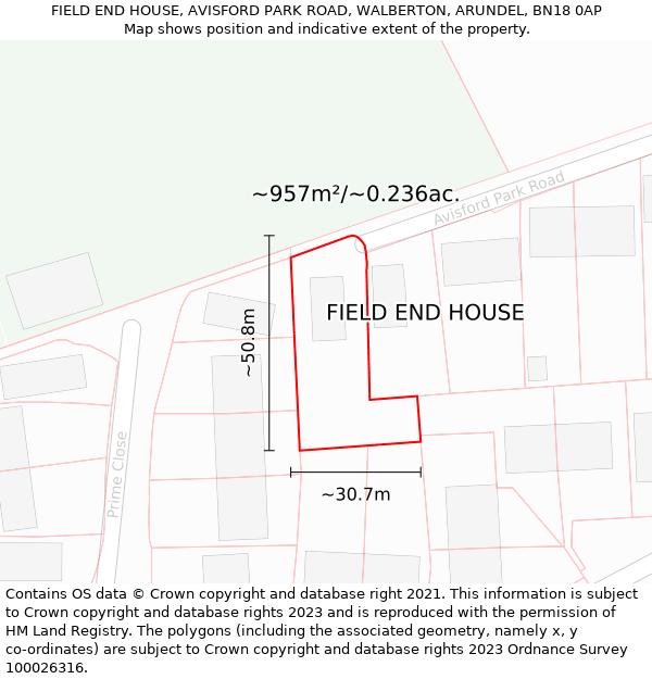 FIELD END HOUSE, AVISFORD PARK ROAD, WALBERTON, ARUNDEL, BN18 0AP: Plot and title map