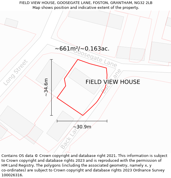 FIELD VIEW HOUSE, GOOSEGATE LANE, FOSTON, GRANTHAM, NG32 2LB: Plot and title map