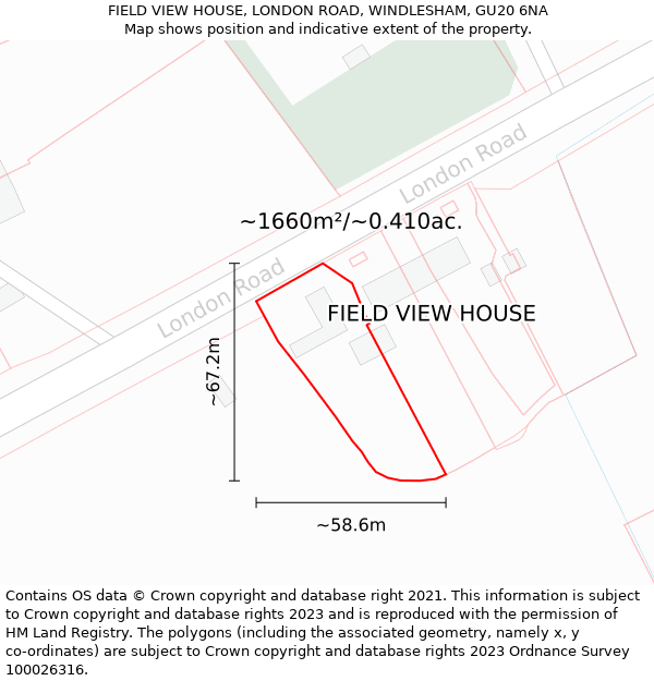 FIELD VIEW HOUSE, LONDON ROAD, WINDLESHAM, GU20 6NA: Plot and title map