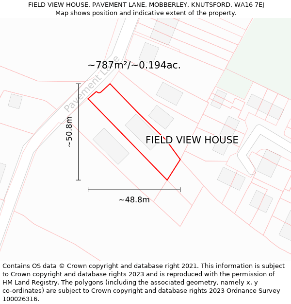 FIELD VIEW HOUSE, PAVEMENT LANE, MOBBERLEY, KNUTSFORD, WA16 7EJ: Plot and title map