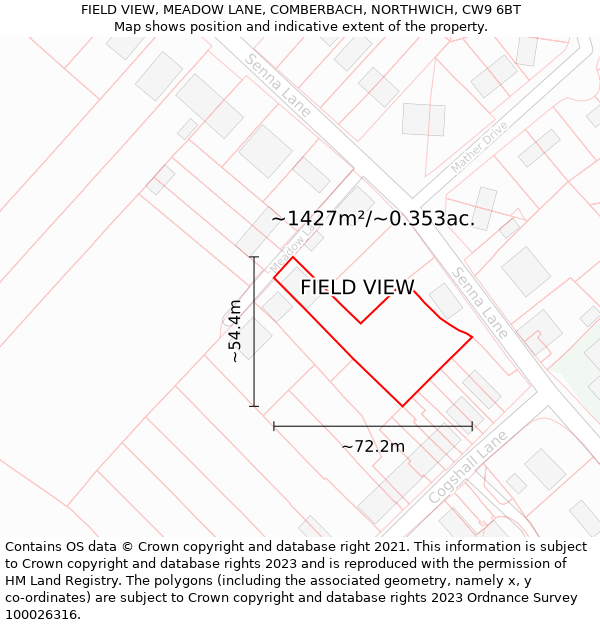 FIELD VIEW, MEADOW LANE, COMBERBACH, NORTHWICH, CW9 6BT: Plot and title map