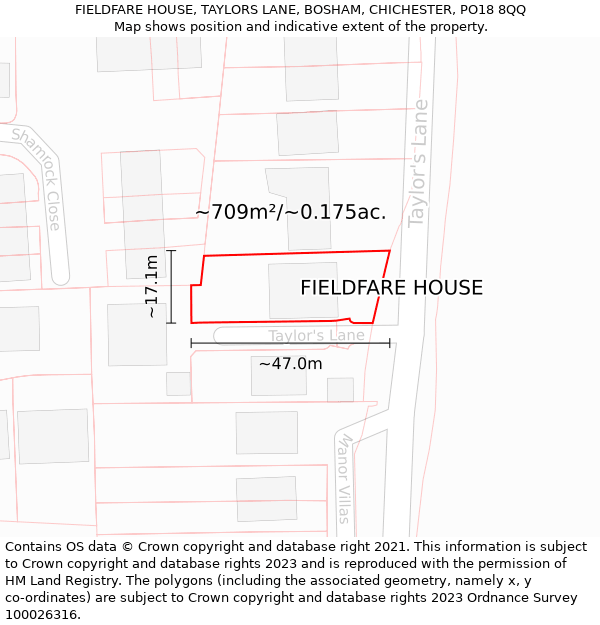 FIELDFARE HOUSE, TAYLORS LANE, BOSHAM, CHICHESTER, PO18 8QQ: Plot and title map