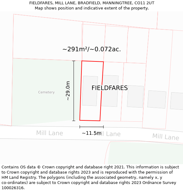 FIELDFARES, MILL LANE, BRADFIELD, MANNINGTREE, CO11 2UT: Plot and title map