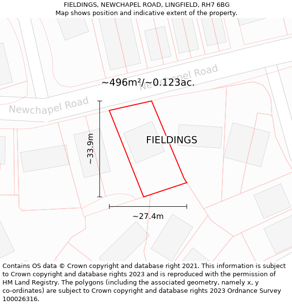 FIELDINGS, NEWCHAPEL ROAD, LINGFIELD, RH7 6BG: Plot and title map