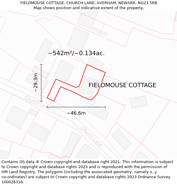 FIELDMOUSE COTTAGE, CHURCH LANE, AVERHAM, NEWARK, NG23 5RB: Plot and title map