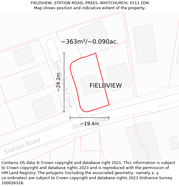 FIELDVIEW, STATION ROAD, PREES, WHITCHURCH, SY13 2DN: Plot and title map