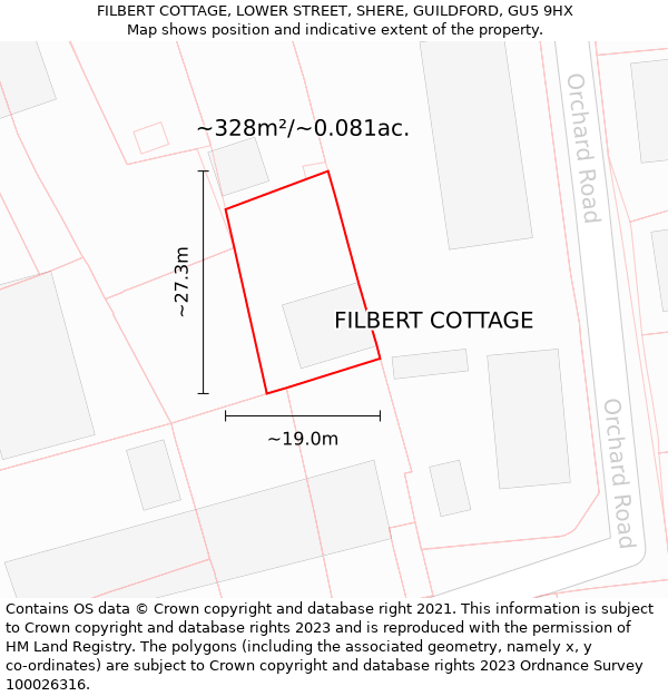 FILBERT COTTAGE, LOWER STREET, SHERE, GUILDFORD, GU5 9HX: Plot and title map