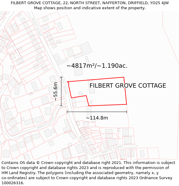 FILBERT GROVE COTTAGE, 22, NORTH STREET, NAFFERTON, DRIFFIELD, YO25 4JW: Plot and title map
