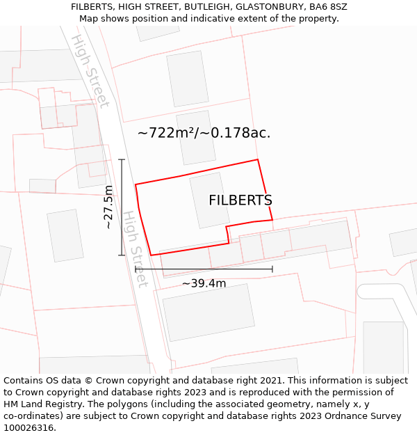 FILBERTS, HIGH STREET, BUTLEIGH, GLASTONBURY, BA6 8SZ: Plot and title map