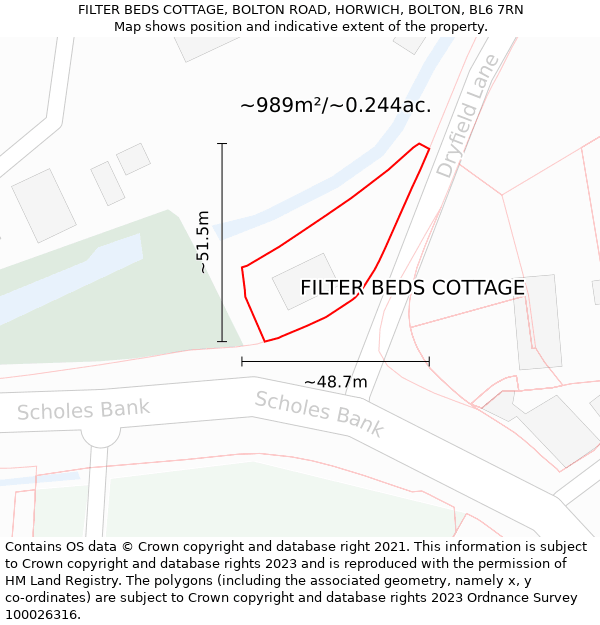 FILTER BEDS COTTAGE, BOLTON ROAD, HORWICH, BOLTON, BL6 7RN: Plot and title map