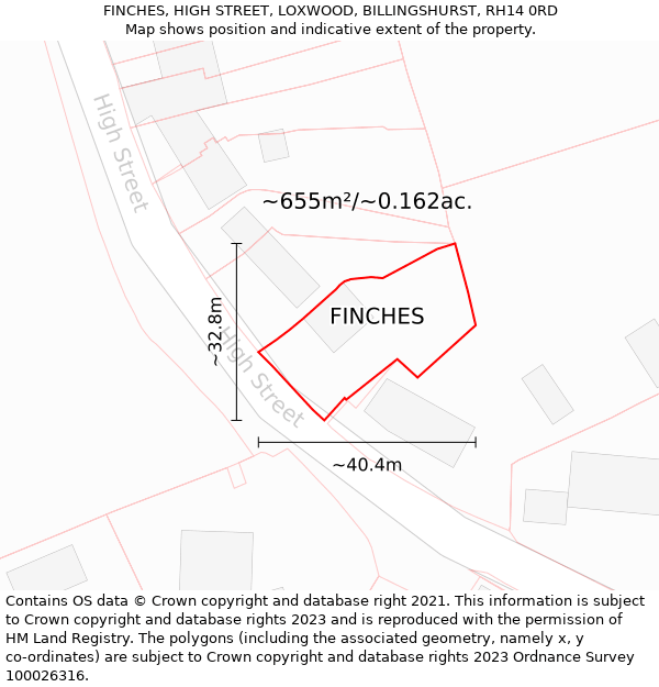 FINCHES, HIGH STREET, LOXWOOD, BILLINGSHURST, RH14 0RD: Plot and title map