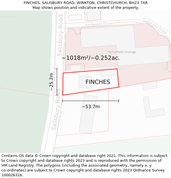 FINCHES, SALISBURY ROAD, WINKTON, CHRISTCHURCH, BH23 7AR: Plot and title map